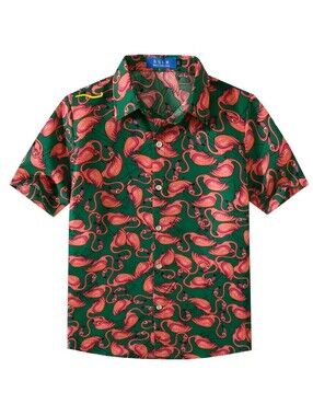 SSLR Boys' Green Flamingo Print Short Sleeve Button-Up Shirt
